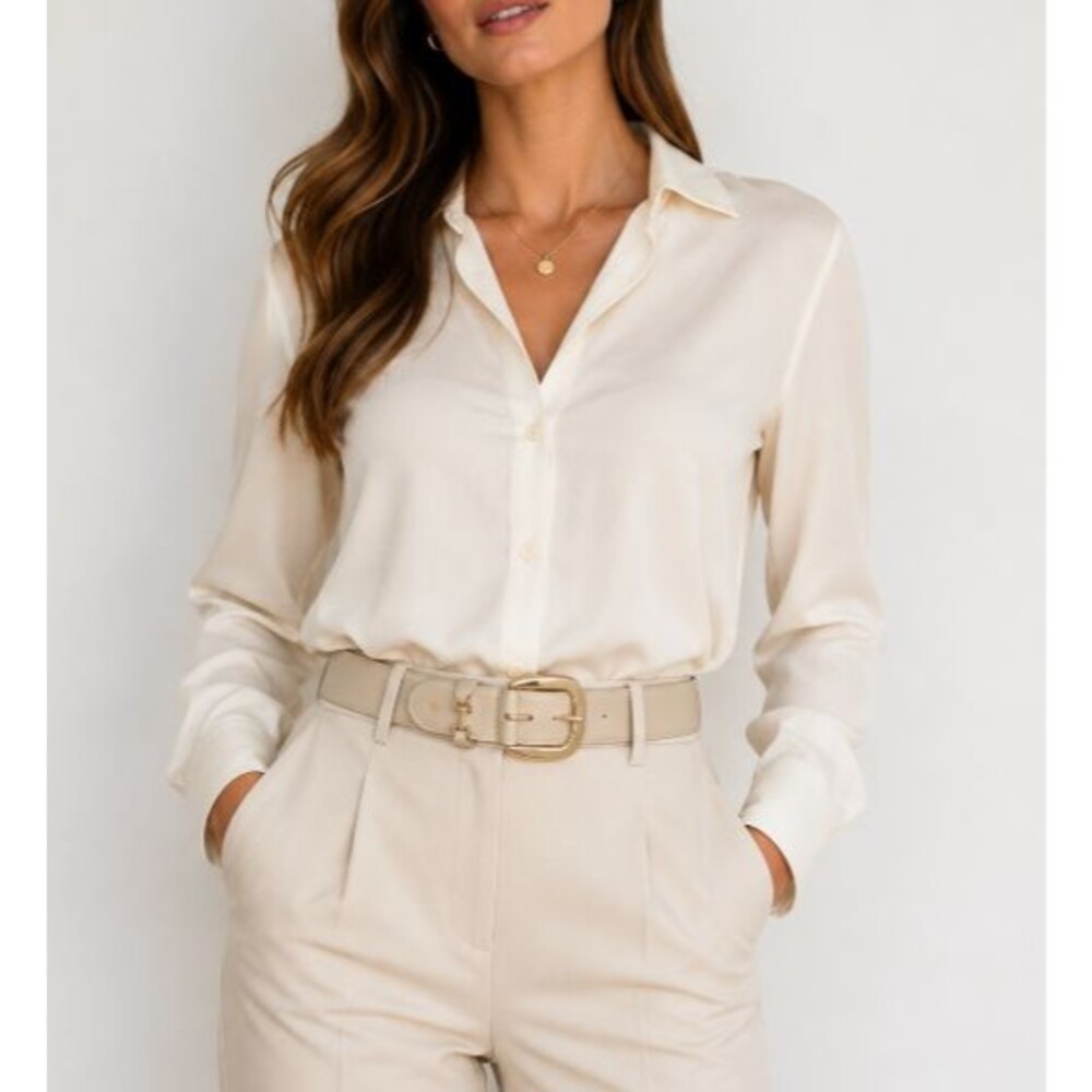 Vince Camuto Belt Women L Beige Faux Leather Gold Buckle Wide Waist Belt